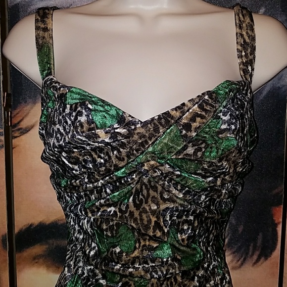 Tatyana Leopard Glam 1950's Pinup Velvet Pencil Halter Dress w Green Bow - Picture 3 of 8